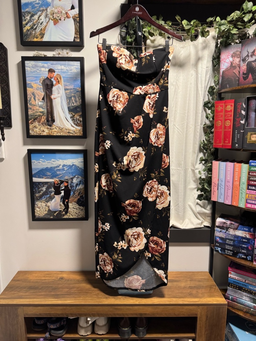 SCOBE Strapless Black Floral Hi-Low Midi Dress with Rose Print 💕 Romantic - Picture 5 of 10